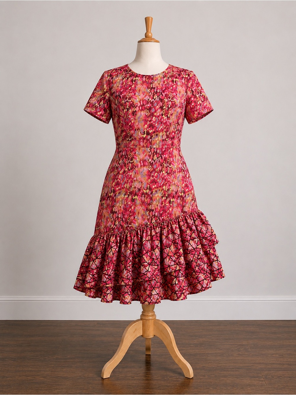 Zephans and Co Floral Pink Short-Sleeve Ruffle Hem Jacquard Dress